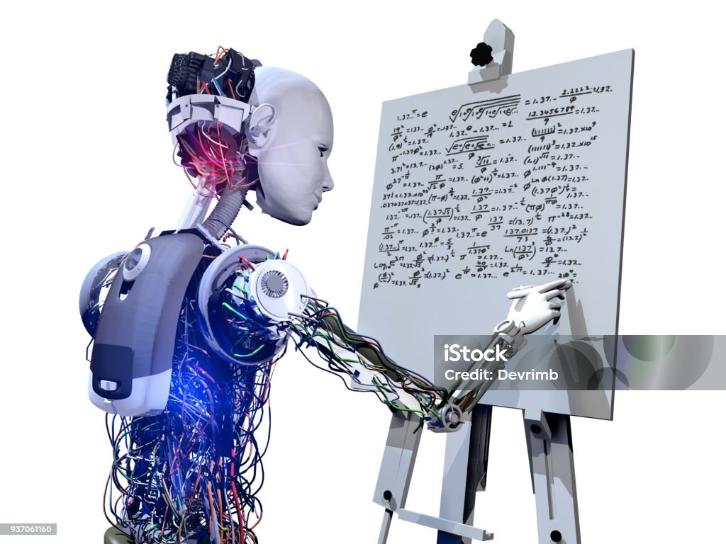 Genius Cyborg and Future of The Artificial Intelligence Artificial intelligence systems and education in the future. Robot is writing mathematic formulas on whiteboard. Robot Stock Photo