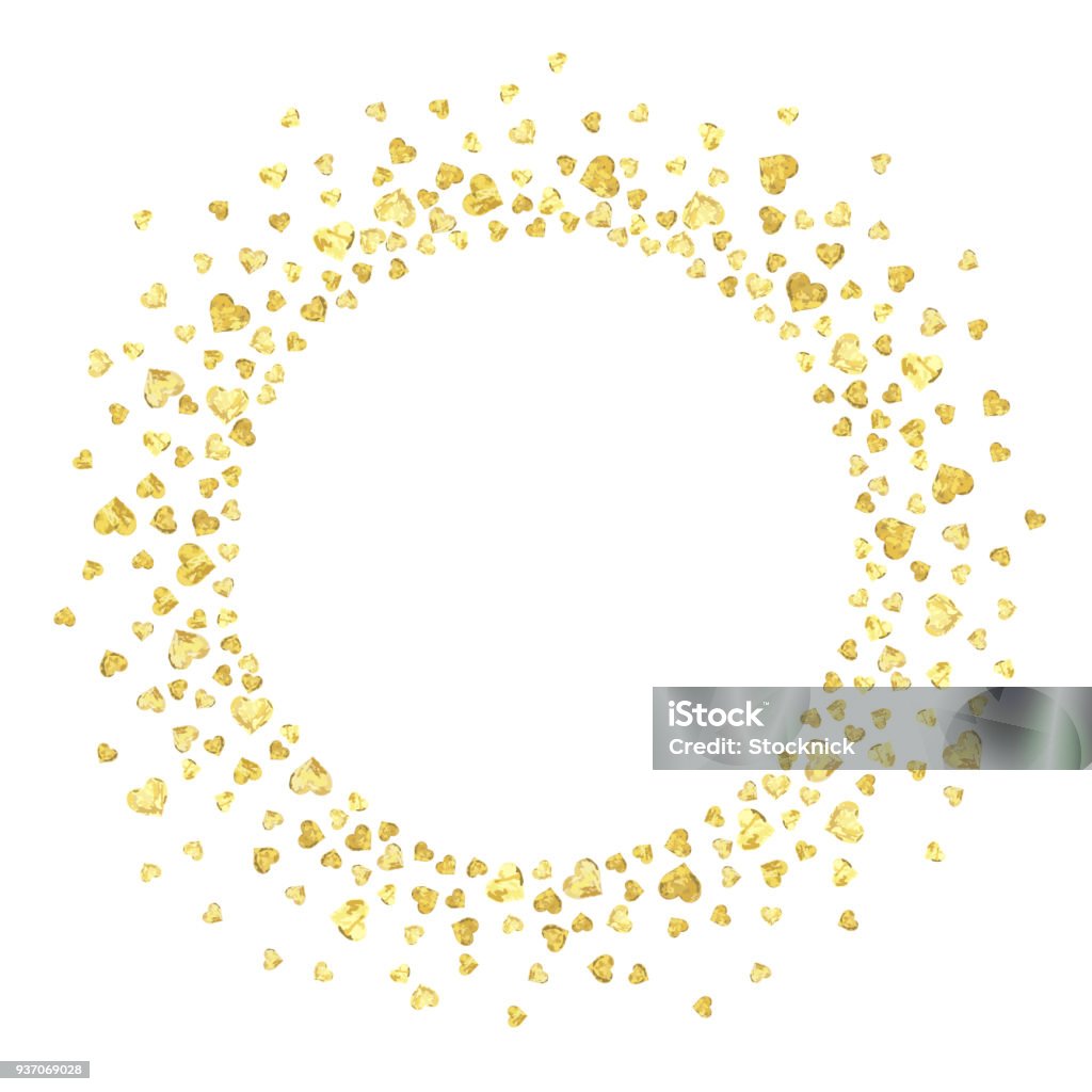 Gold hearts round Golden splash or glittering spangles round frame with empty center for text. Golden glittering  circle  made of small hearts on white background. Vector illustration. Gold - Metal stock vector