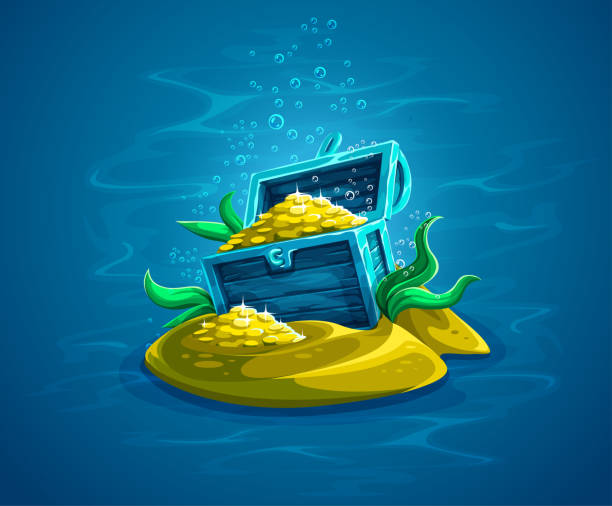 istock Open trunk. Hidden pirate chest with gold treasures in ocean 937070048