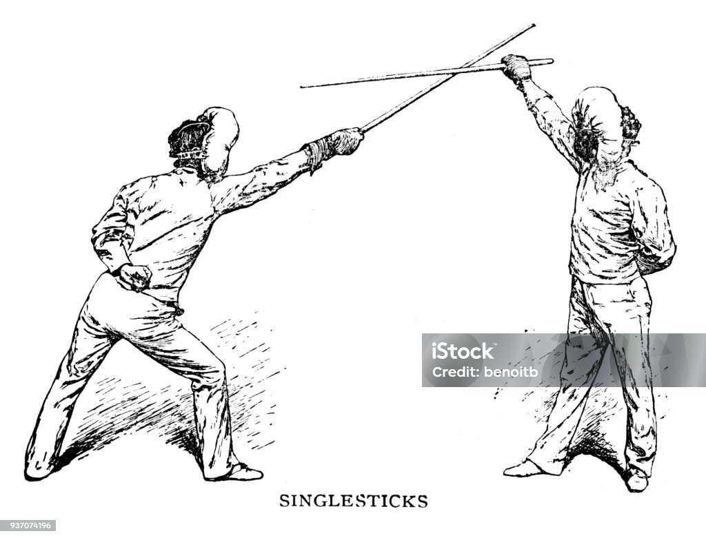 Singlesticks fencing Singlesticks fencing - Scanned 1887 Engraving 19th Century stock illustration