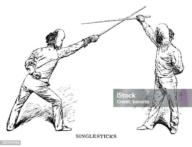 Singlesticks Fencing Stock Illustration - Download Image Now - 19th Century, 19th Century Style, Adult