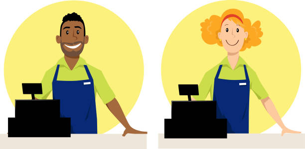 Cashier cartoons Male and female grocery store cashier characters, EPS 8 vector illustration grocery store cashier stock illustrations