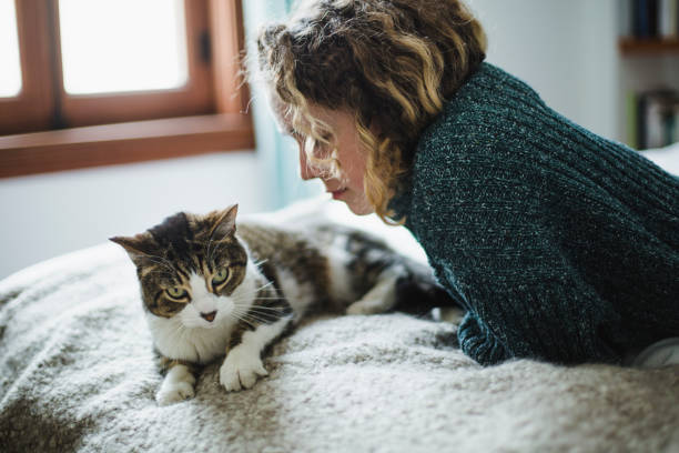 istock Beautiful young woman with her cat on a bed 937077718