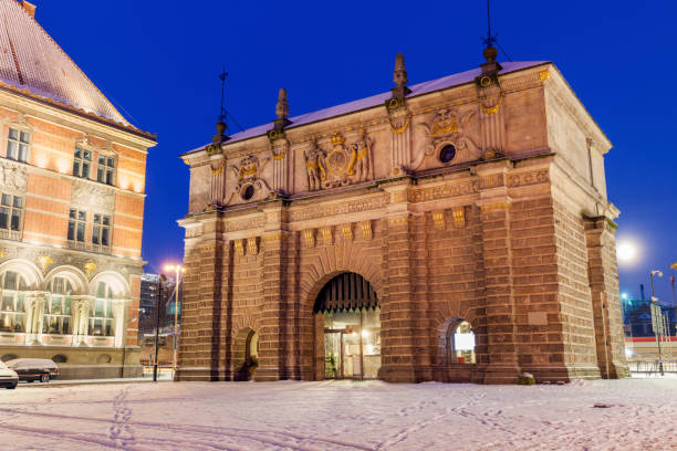Upland Gate in Gdansk at night. \nGdansk, Pomerania, Poland.