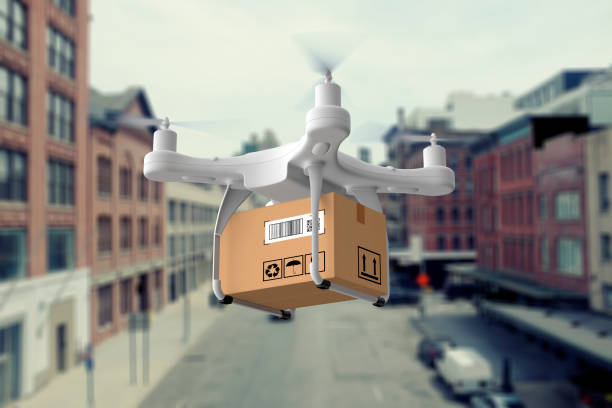 istock Delivery drone flying in city 937088724