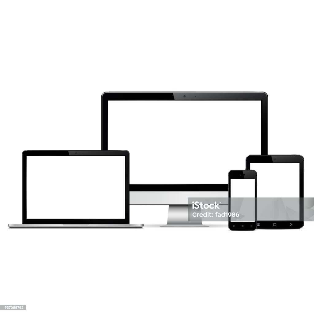 Modern digital devices with blank screen Modern computer monitor, laptop, digital tablet and mobile phone with blank screen. Isolated on white background. Vector eps10 Desktop PC stock vector