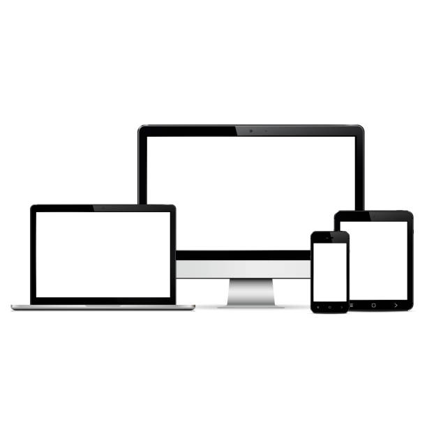 Modern digital devices with blank screen Modern computer monitor, laptop, digital tablet and mobile phone with blank screen. Isolated on white background. Vector eps10 netbook stock illustrations