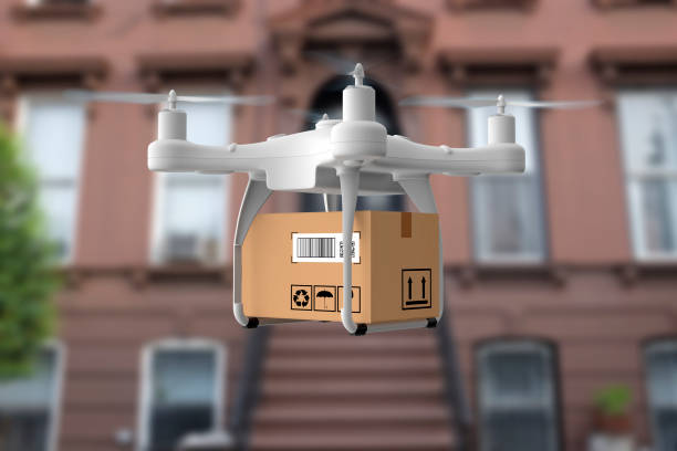 istock Delivery drone flying in city 937088952