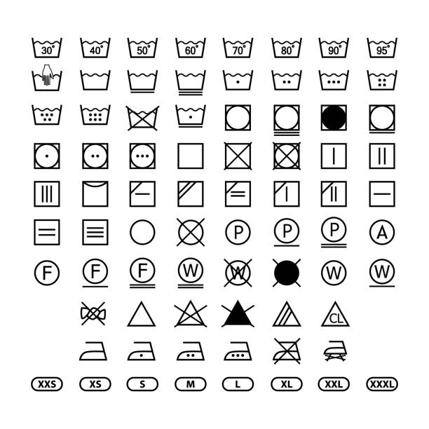 ilustraciones, imágenes clip art, dibujos animados e iconos de stock de instrucciones de la etiqueta de lavado de ropa, servicio de lavandería símbolos conjunto de iconos, iconos de etiqueta para ropa de lavado - lavar