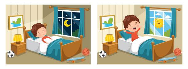 ilustrações, clipart, desenhos animados e ícones de ilustração em vetor de criança dormindo e acordando - sleeping child cartoon bed