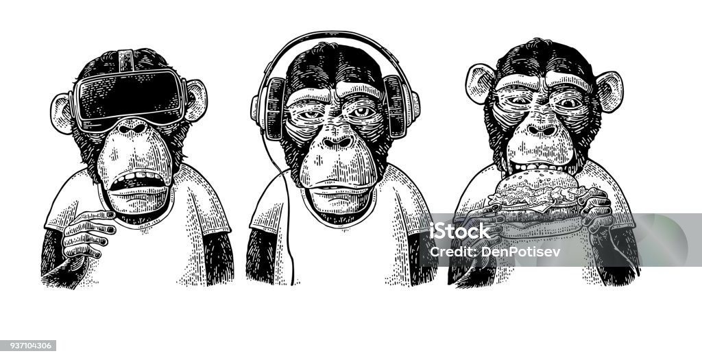 3 현명한 원숭이입니다. 볼, 듣지, 말을 하지. 빈티지 조각 - 로열티 프리 원숭이 벡터 아트