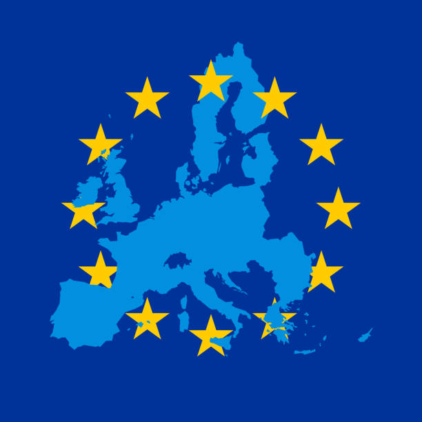 niebieska mapa wektorowa unii europejskiej w połączeniu z 12 żółtymi gwiazdami flagi ue - european union flag stock illustrations