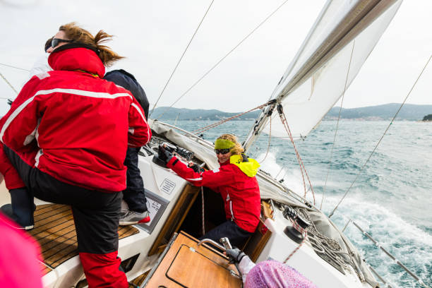 istock Sailing Boat Leaning to the Right on Rough Sea 937111792