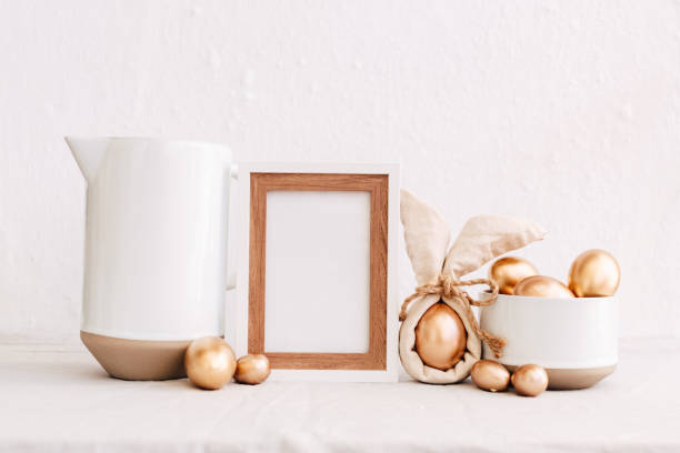 istock Easter Rustic Mock Up. Gold Egg With linen rustic background. Eco Natural Concept 937117282