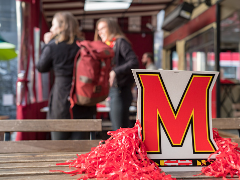 SAN FRANCISCO, CA - MARCH 19, 2018: University of Maryland, College Park (Terrapins) card display and decorations at an alumni event.
