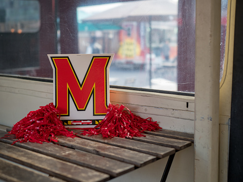 SAN FRANCISCO, CA - MARCH 19, 2018: University of Maryland, College Park (Terrapins) card display and decorations displayed on a table.