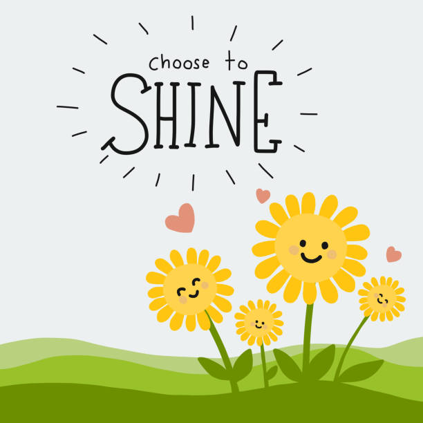 illustrazioni stock, clip art, cartoni animati e icone di tendenza di scegli di brillare parola e simpatico doodle cartone animato girasole - daisy sunflower