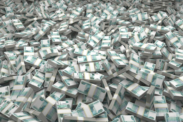 Banknotes of Russia. Stack of money on a light background. Close-up of money