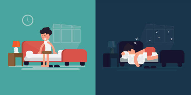 Man in bedroom and sitting feeling tired on his bed after getting up vector art illustration