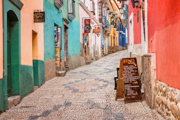 Colorful alley in old town La Paz Bolivia Stock photograph of a colorful alley with stores in old town La Paz Bolivia. bolivia photos stock pictures, royalty-free photos & images