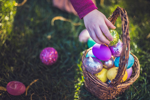 A stock photo of an Easter egg hunt. Showing a 3 year old boy taking part in an Easter Eggs hunt.