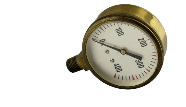 istock Antique vintage brass pressure gauge with threaded pipe fitting on a white background 937145004
