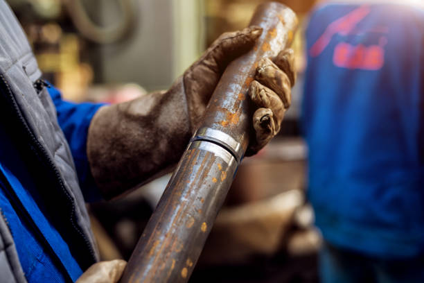 istock Close up view of worker in protective uniform holding two metal 937147378
