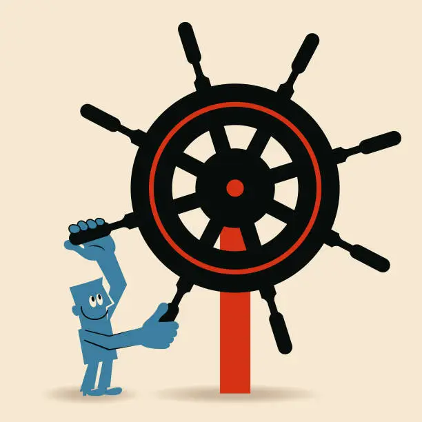 Vector illustration of Businessman (Captain) holding big rudder