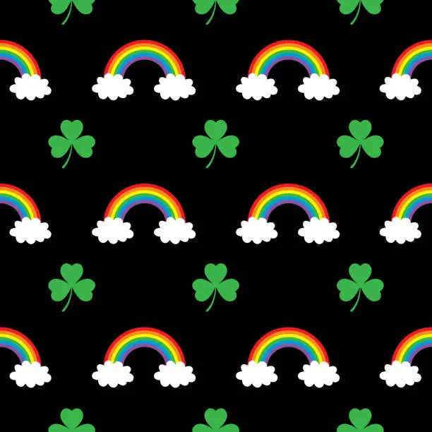 Vector illustration of Rainbow Clouds And Clover Leaves Seamless Pattern