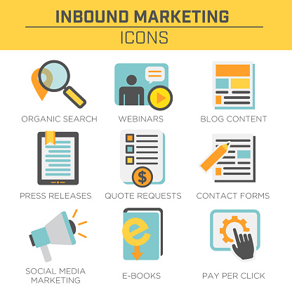 Inbound Marketing Vector Icons with organic search, ppc, blog content, press release, social media marketing, contact form, ebook, video, webinar, and quote requests
