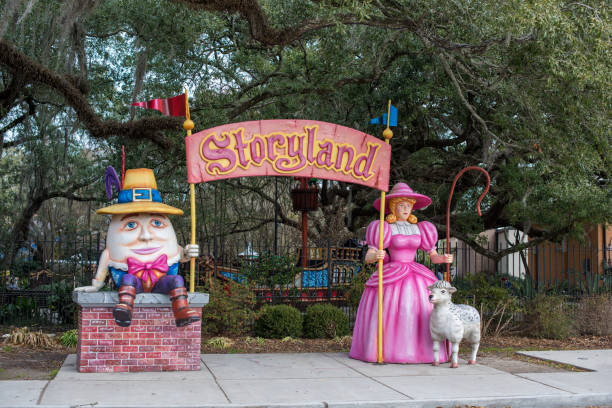 Storyland playground in New Orleans City Park New Orleans, LA/USA-Jan. 26, 2018: The sculpture arch at the entrance to the children's playground, Storyland, in historic City Park. park designer label stock pictures, royalty-free photos & images