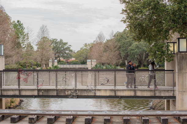 People crossing a bridge in New Orleans City Park New Orleans, LA/USA-Jan. 26, 2018: Young women friends cross a bridge over a pond in historic and beautiful City Park, founded in 1854, on a cloudy day. american hartford group stock pictures, royalty-free photos & images