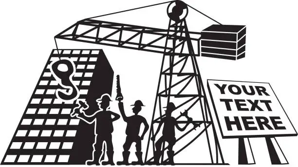 Vector illustration of Three workers at a construction site with tools in hand