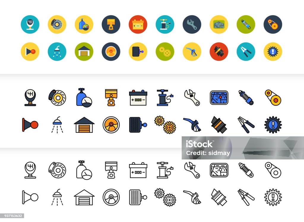 Black and color outline icons, thin stroke line style design Black and color outline icons thin flat design, modern line stroke style, web and mobile design element, objects and vector illustration icons set 24 - car parts and services collection Infographic stock vector