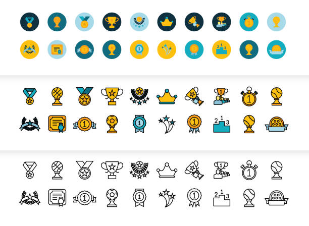 Black and color outline icons, thin stroke line style design Black and color outline icons thin flat design, modern line stroke style, web and mobile design element, objects and vector illustration icons set 28 - winning prizes and awards collection sporting level stock illustrations