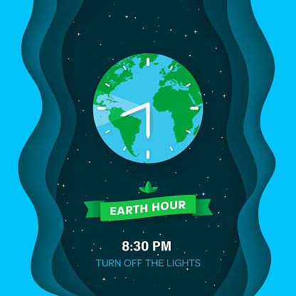 Earth hour. Deep space background with stars and flat Earth planet. Abstract waves background with 3d effect. Green ribbon with leaves. Clock concept. Paper cut style. Vector Illustration.