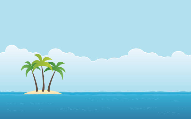 ilustrações de stock, clip art, desenhos animados e ícones de palm tree on island and blue sky background in flat icon design - wave island palm tree sea