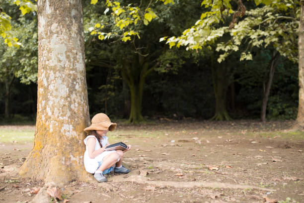 istock Little girl reading a book in the forest 937170626