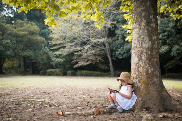 istock Little girl reading a book in the forest 937170636