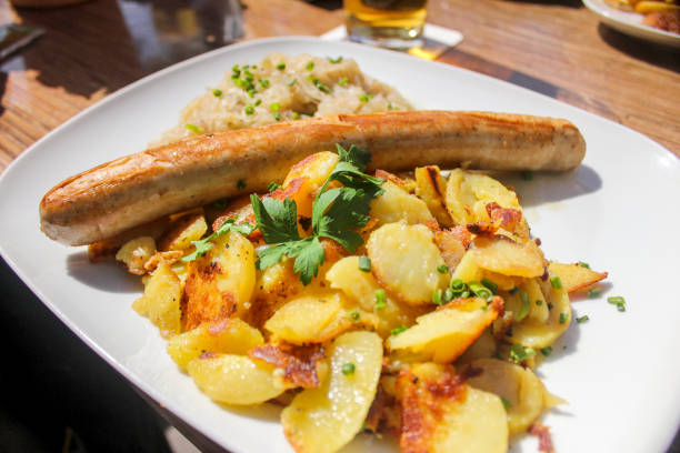 Bratwurst with sauerkraut and roasted potatoes