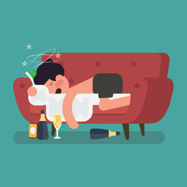 A drunk man sleep on the sofa with a bottle of beer vector art illustration