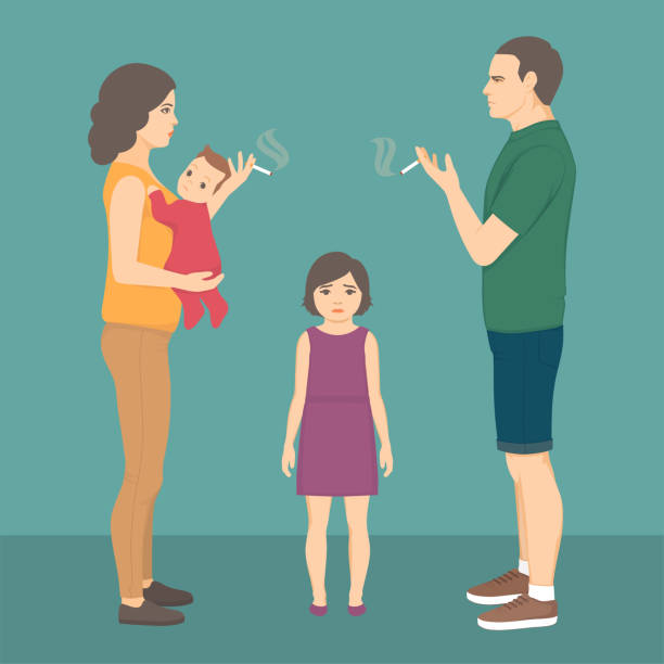 smoking parent. baby, child health. father smoke cigarette, addiction vector illustration of smoking parent. baby, child health. father smoke cigarette, addiction family dependency mother family with two children stock illustrations