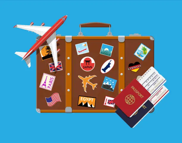 Vector illustration of Travel suitcase with stickers and aircraft