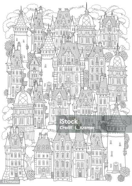 Fantasy Landscape Fairy Tale Castle Old Medieval Town Park Trees Hand Drawn Sketch House And Tower Silhouette Tshirt Print Album Cover Coloring Book Page For Adults Black And White Doodle Stock Illustration - Download Image Now