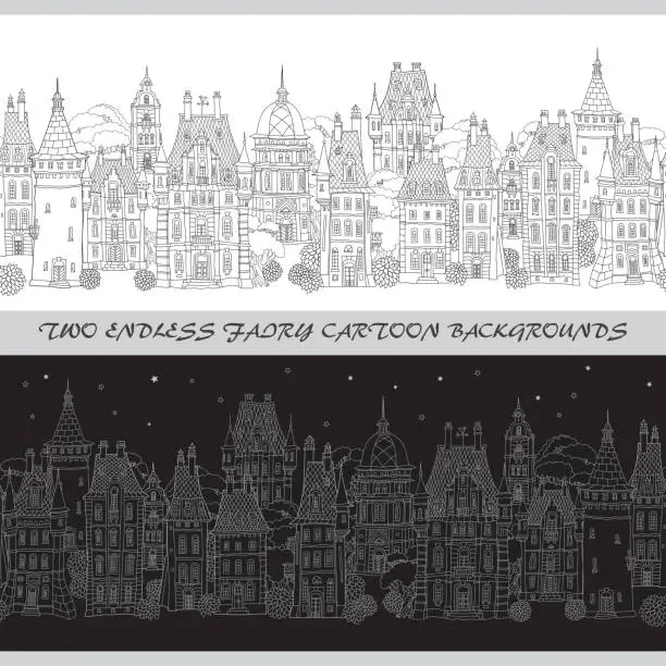 Vector illustration of Two vector endless borders. Black and white doodle.Day, night. Fantasy landscape. Fairy tale castle panorama, old medieval town street . Hand drawn sketch, house and tower silhouette.Dark sky, stars