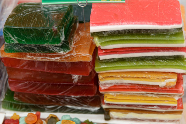 Assortment of colorful fruit jelly candy in store.