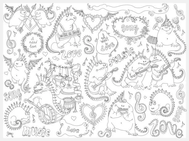 Vector illustration of Vector set of funny hand drawn cartoon dragons playing music and singing a song. Dark gray doodle drawing on a white background. Coloring book page for adults and children