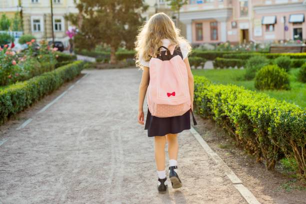 istock Rear view of young schoolgirl in uniform with backpack 937203128