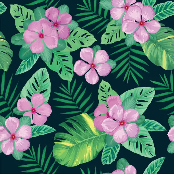 Vector illustration of Tropical seamless pattern with vinca flowers and palm leaves background.