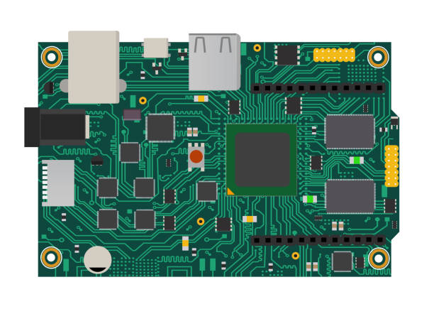 diy elektroniczna mega płyta z mikroprocesorem, interfejsami, diodami led, złączami i innymi komponentami elektronicznymi, tworząca podstawową inteligentną bazę domową, robotyczną i wiele innych projektów związanych z elektroniką - mega pixels stock illustrations